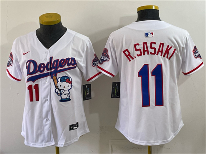 Youth Los Angeles Dodgers #11 Roki Sasaki White Hello Kitty Night 2025 World Series Champions Patch Stitched Baseball Jersey